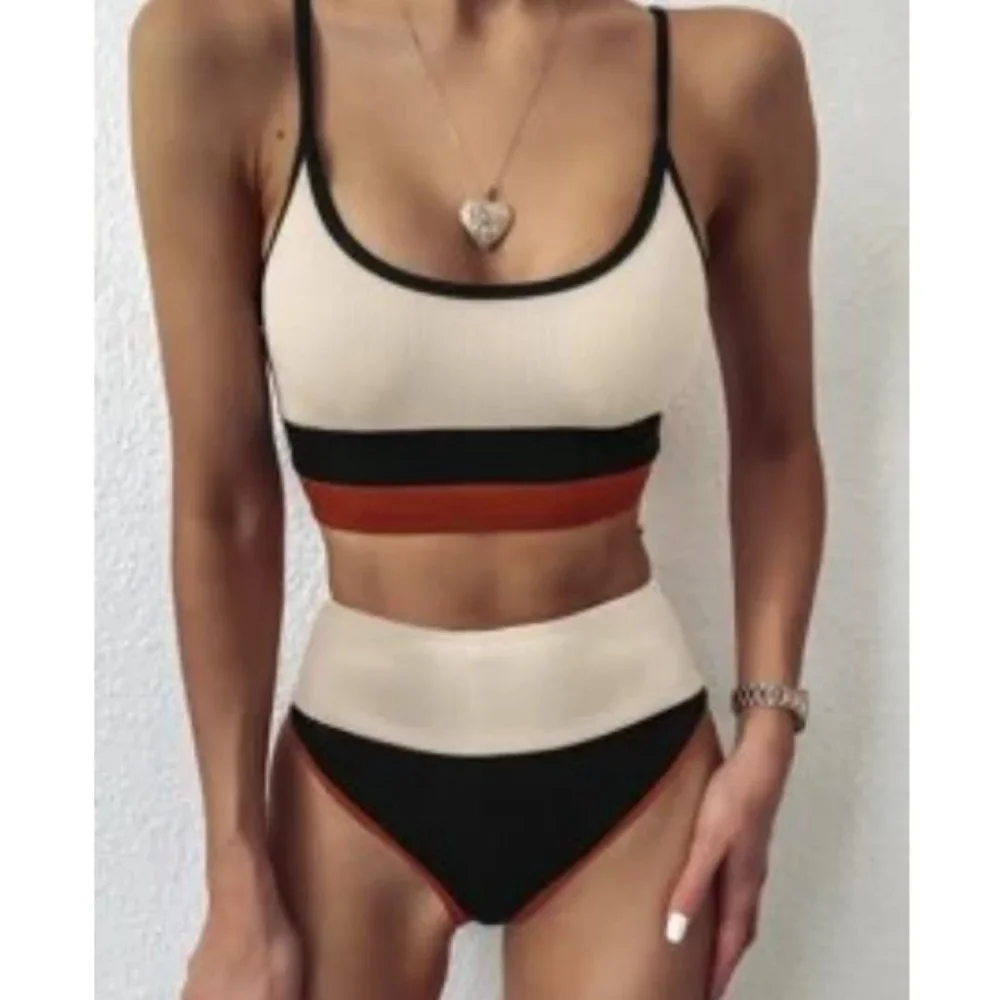 Rib Color Block High Waisted Bikini Swimsuit - Picture 1 of 4